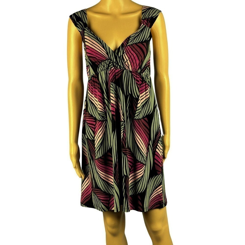 Volume One Vibrant Palm Leaf Multicolor Print Surplice‎ Neckline Empire Dress